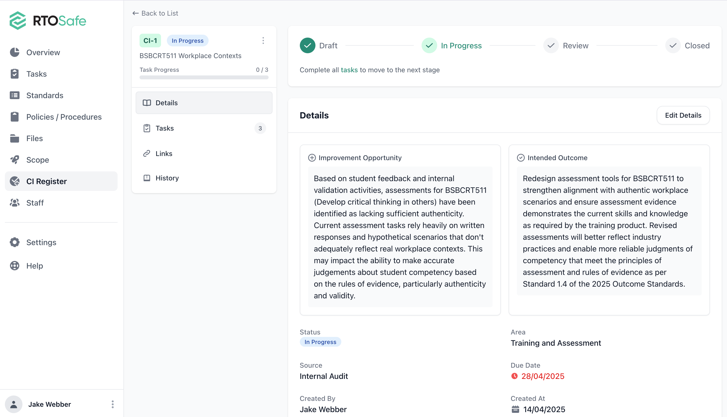 Continuous Improvement register showing Draft, In Progress, Review, and Closed stages