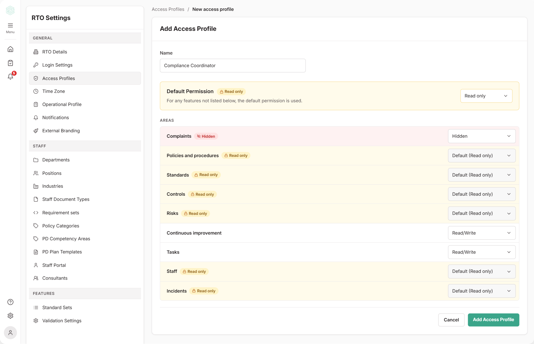 The Add Access Profile form for a Compliance Coordinator profile, with the Default Permission set to Read only, Complaints set to Hidden, Policies and procedures, Standards, Controls, Risks, Staff and Incidents following the Read only default, and Continuous improvement and Tasks set to Read/Write