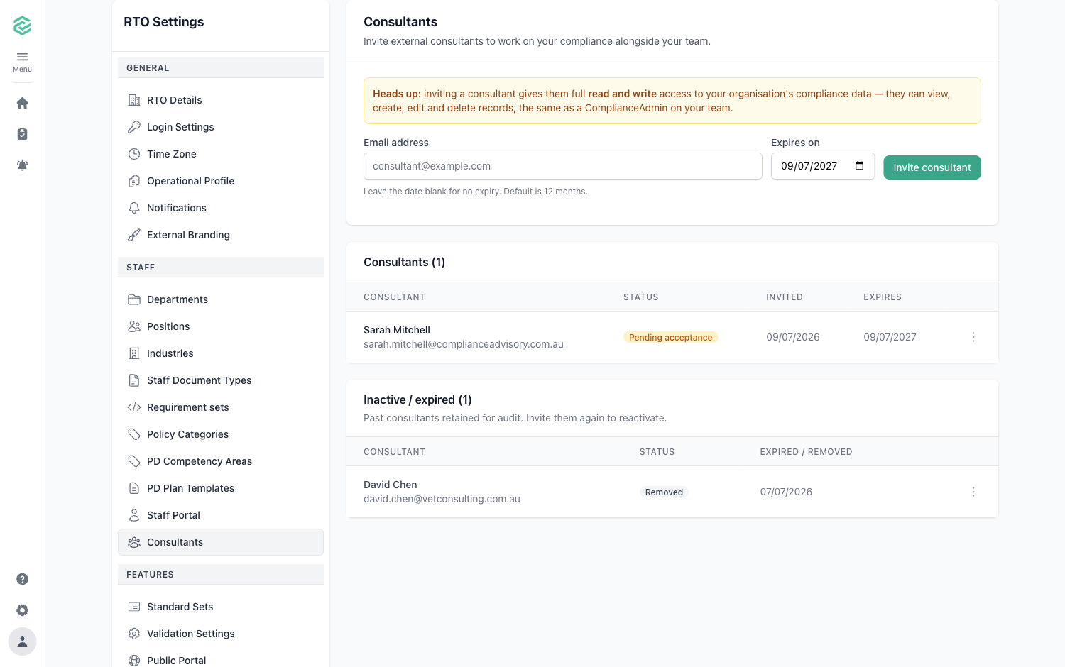 The Consultants page under RTO Settings, showing the invite form with email and expiry fields and a consultant listed with a Pending acceptance status