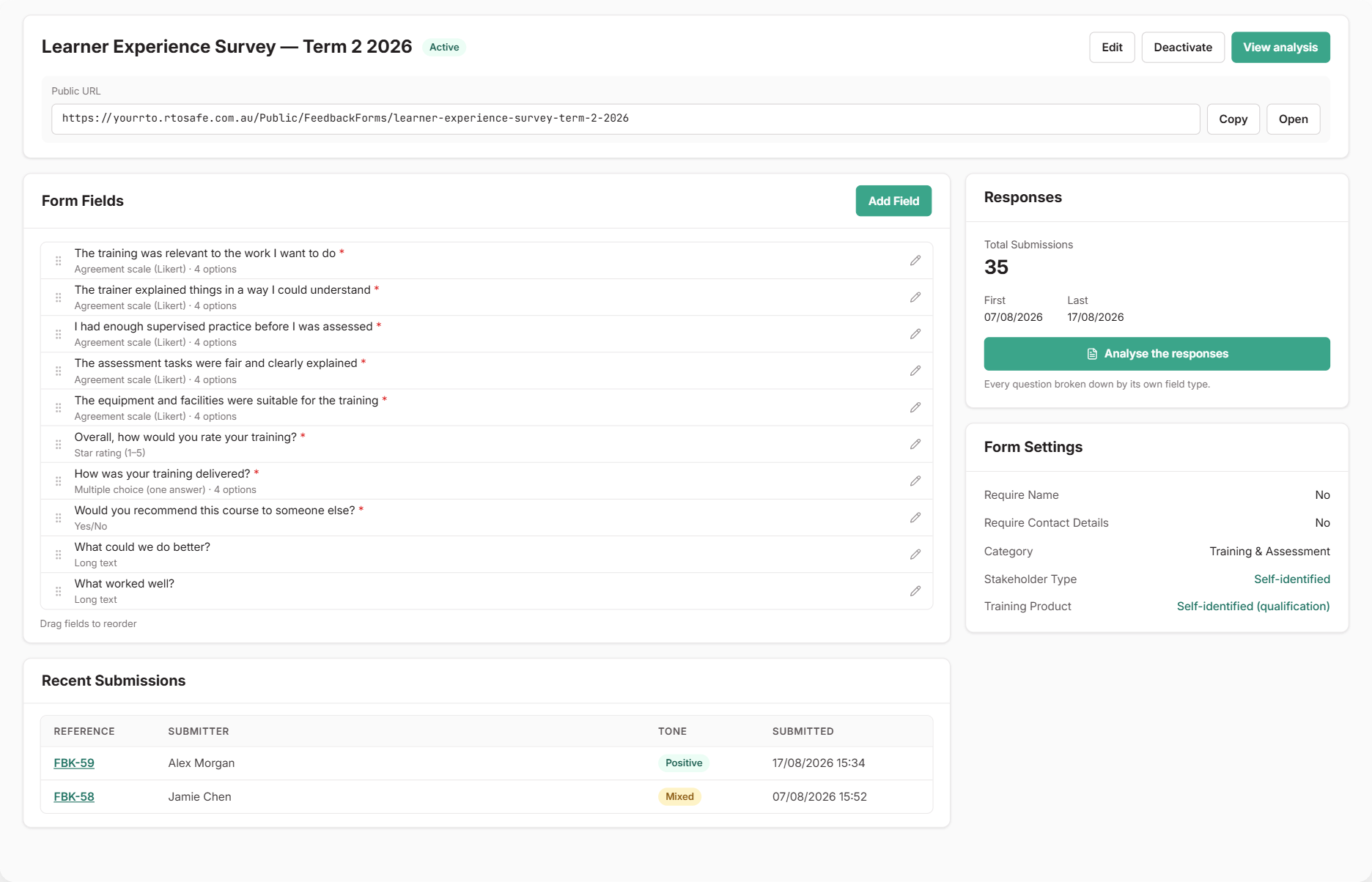 Feedback form details page showing the Form Fields list with agreement scale, star rating, multiple choice, yes/no and long text questions, the Add Field button, the Responses summary and the Form Settings panel