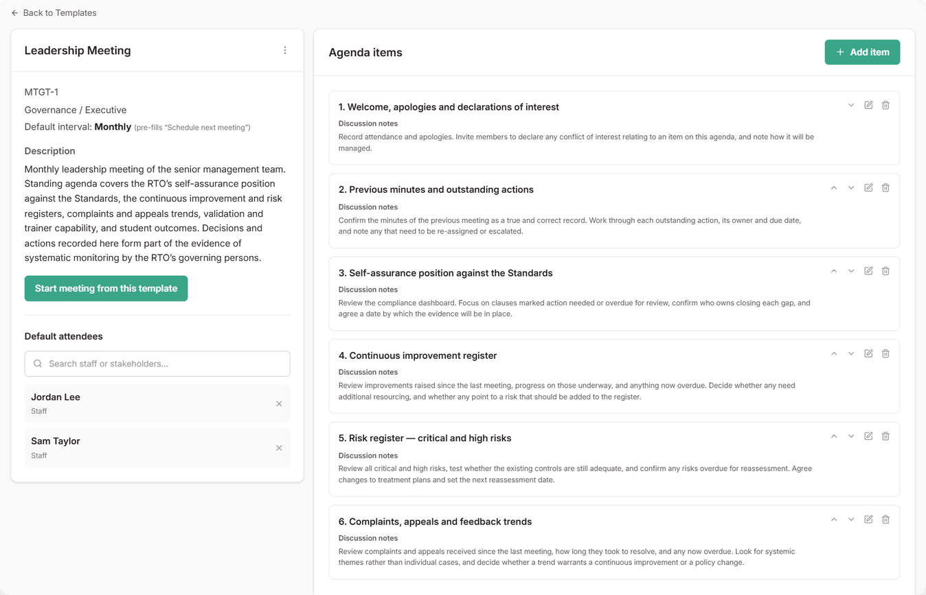Template details page for a Leadership Meeting template, showing its category, a monthly default interval, description, two default staff attendees, and six agenda items each with a discussion prompt