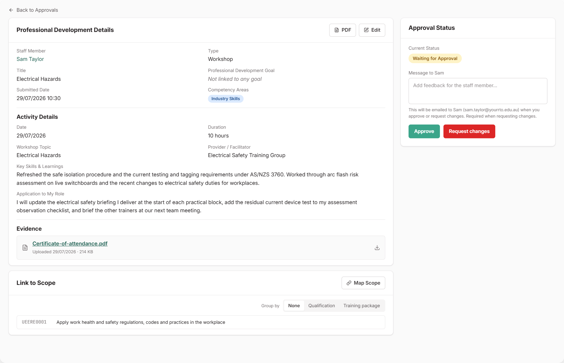 PD activity details page with the Approval Status panel showing Waiting for Approval, a message box for feedback to the staff member, and Approve and Request changes buttons, alongside the activity details, uploaded evidence and linked scope