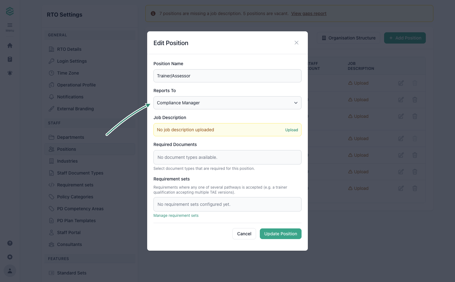Edit Position modal with an arrow indicating the Reports To dropdown