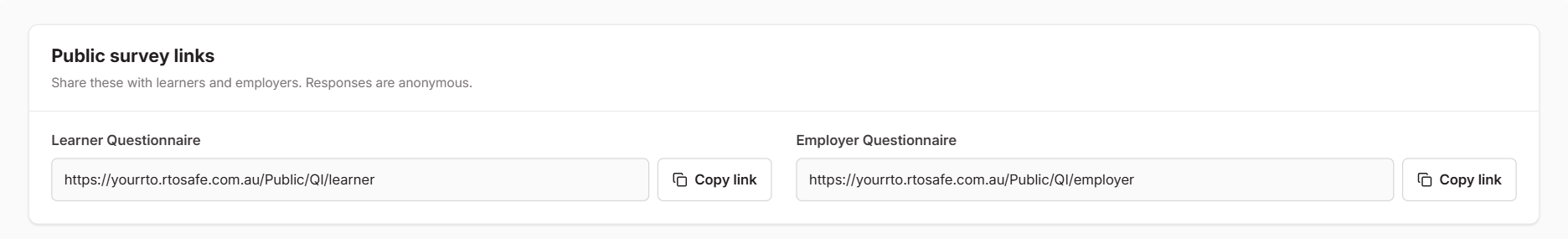 Public survey links section on the Quality Indicators page, with the Learner Questionnaire and Employer Questionnaire links and a Copy link button for each
