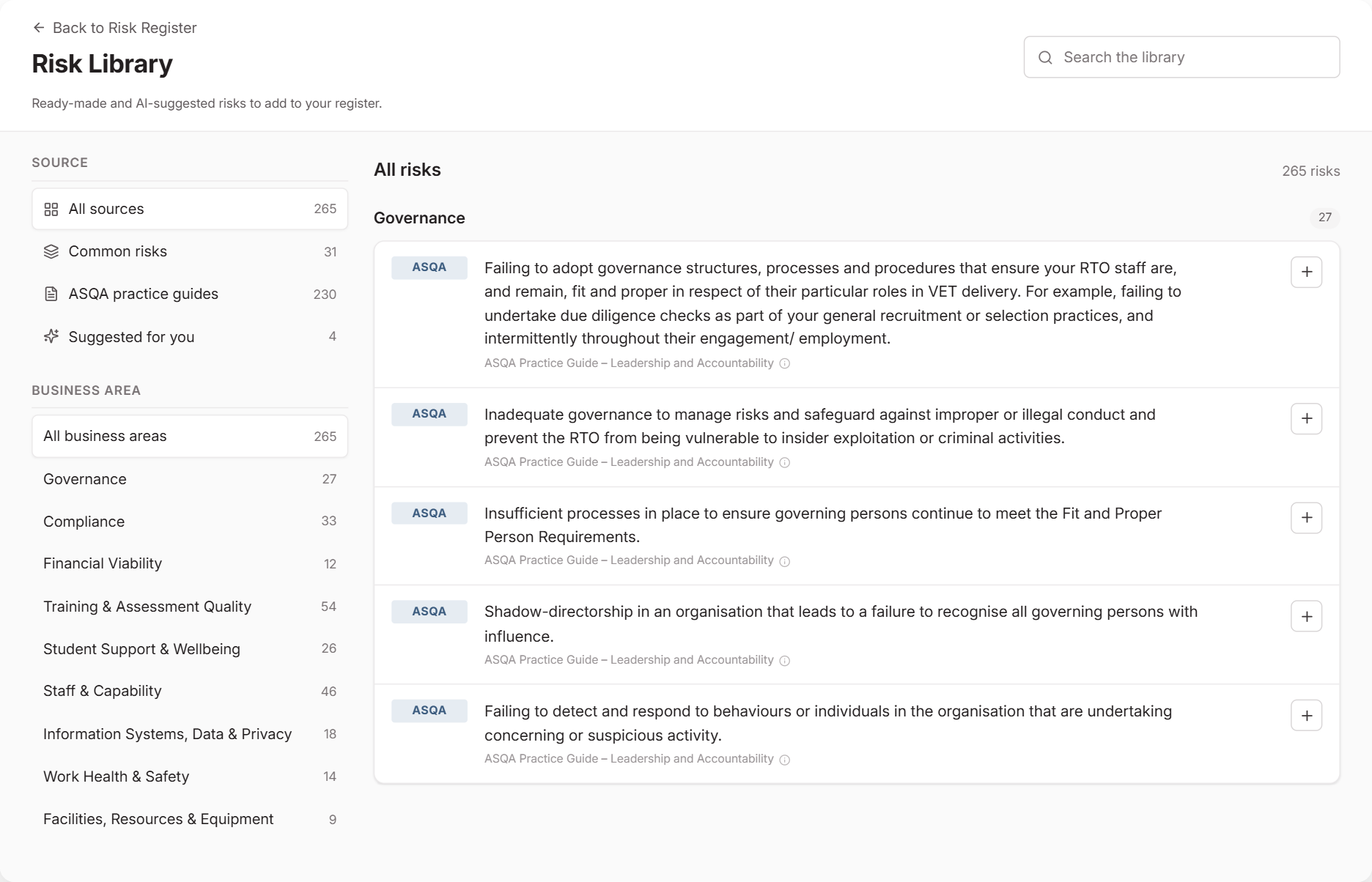 Risk Library showing the Source list with All sources, Common risks, ASQA practice guides and Suggested for you, the Business area list, and Governance risks from an ASQA practice guide, each with an add button