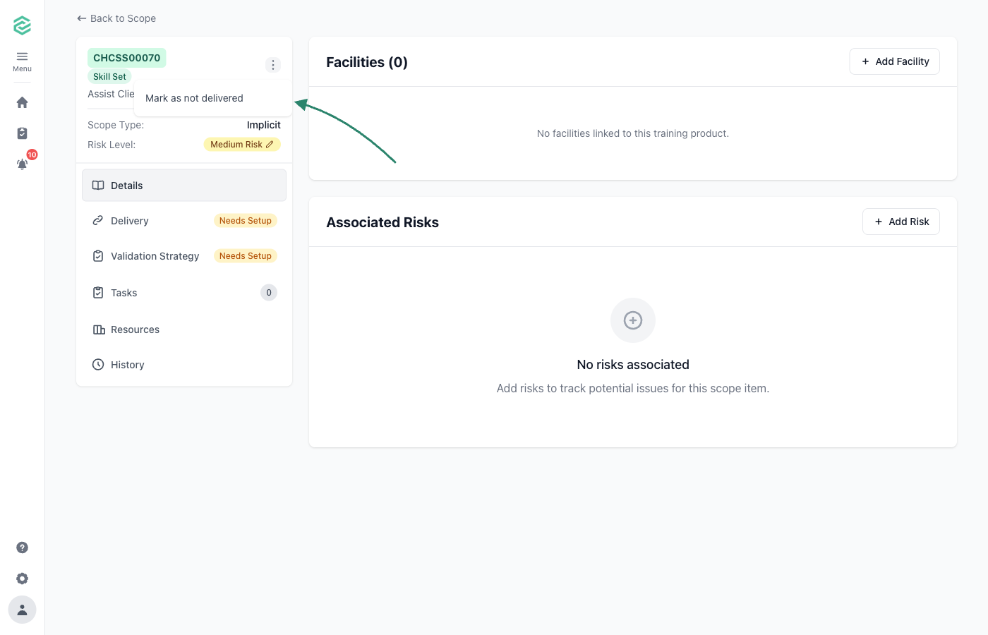 Skill set sidebar with the actions menu open and an arrow pointing to the Mark as not delivered option