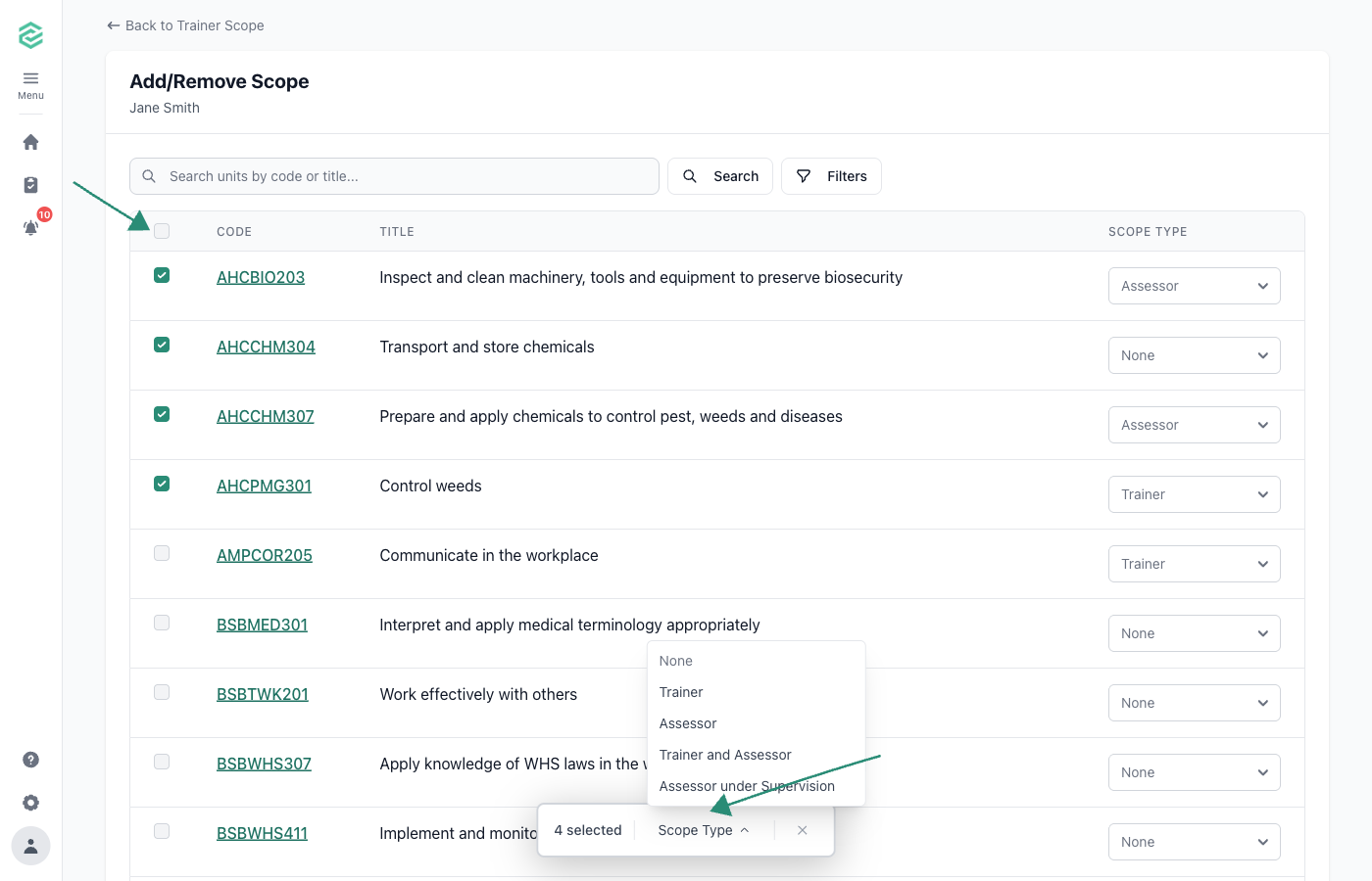 Staff scope page with arrows pointing to the select-all header checkbox and the bulk Scope Type dropdown in the selection bar