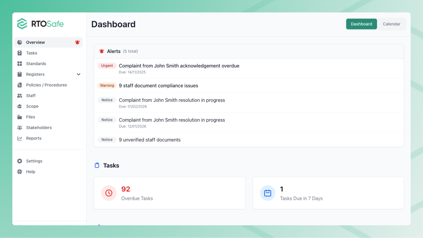 RTOSafe dashboard showing complaint deadline alerts and status